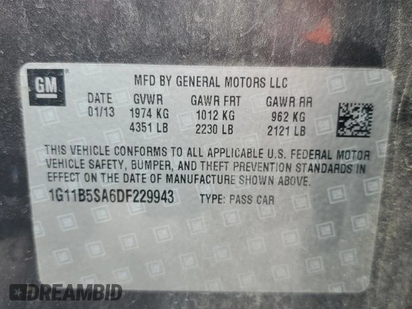 2013 Chevrolet Malibu LS with VIN 1G11B5SA6DF229943, listed as a Copart auction lot 51514255 with 180,391 mi miles and Clean Title. Bid and sale history available at DreamBid. Image 12.