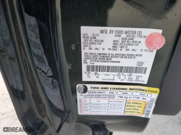 2013 Ford F-150 XLT with VIN 1FTFW1E66DFD96496, listed as a Copart auction lot 73612493 with 0 mi miles and Non Repairable. Bid and sale history available at carsss.com. Image 12.