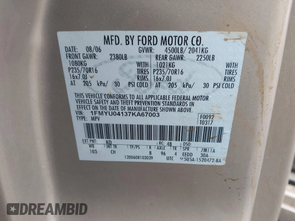 2007 Ford Escape Limited with VIN 1FMYU04137KA67003, listed as a IAAI auction lot 41663853 with 193,651 mi miles and . Bid and sale history available at DreamBid. Image 9.