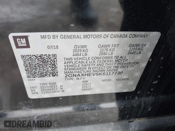 2019 Chevrolet Equinox LS with VIN 2GNAXHEV5K6117738, listed as a IAAI auction lot 41325894 with 102,821 mi miles and . Bid and sale history available at DreamBid. Image 9.