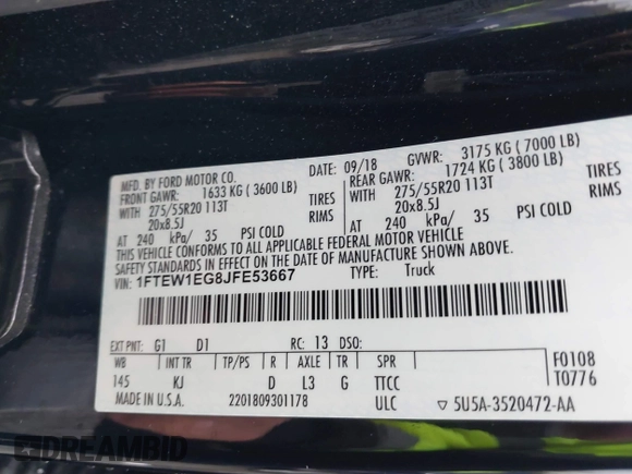 2018 Ford F-150 XL z VIN 1FTEW1EG8JFE53667, wystawiony jako IAAI lot #40853148 z przebiegiem 157 460 mil mil oraz . Historia ofert i sprzedaży dostępna na DreamBid. Obrazek 9.