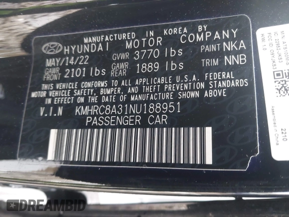 2022 Hyundai Venue SEL with VIN KMHRC8A31NU188951, listed as a IAAI auction lot 41546775 with 26,861 mi miles and . Bid and sale history available at DreamBid. Image 9.