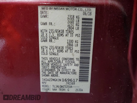 2018 Nissan Murano Platinum with VIN 5N1AZ2MGXJN169617, listed as a Copart auction lot 43350135 with 104,899 mi miles and Salvage Title. Bid and sale history available at carsss.com. Image 14.