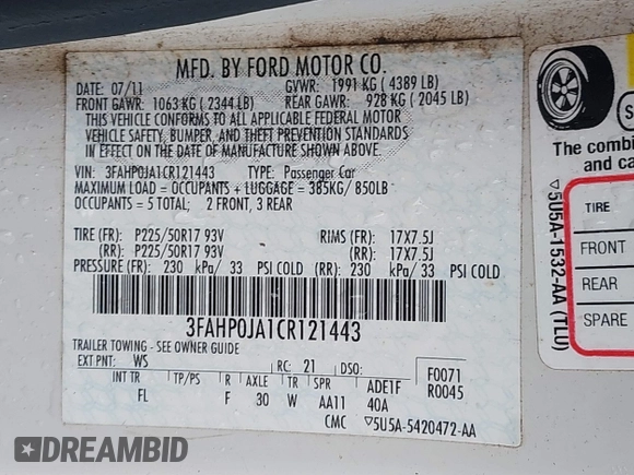 2012 Ford Fusion SEL with VIN 3FAHP0JA1CR121443, listed as a IAAI auction lot 41574648 with 159,393 mi miles. Bid and sale history available at carsss.com. Image 9.