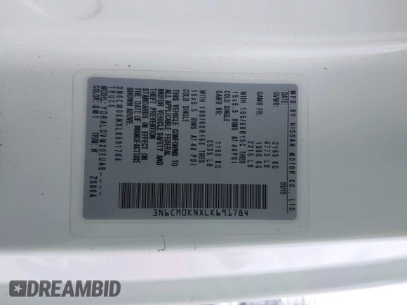 2020 Nissan NV200 SV with VIN 3N6CM0KNXLK691784, listed as a IAAI auction lot 42139868 with 57,010 mi miles and . Bid and sale history available at DreamBid. Image 9.