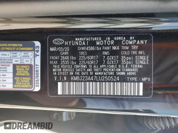 2020 Hyundai Tucson SE с VIN KM8J23A47LU250524, выставлен на аукционе Copart как лот 60671935 с пробегом 53 920 миль миль и Списание • Salvage title. История ставок и продаж доступна на DreamBid. Изображение 12.