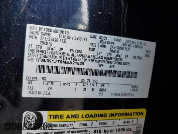 2021 Ford Expedition Max XLT with VIN 1FMJK1JT6MEA21825, listed as a Copart auction lot 52828885 with 135,431 mi miles and Salvage Title. Bid and sale history available at DreamBid. Image 13.