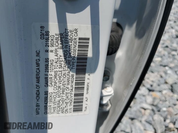 2018 Honda Accord EX-L z VIN 1HGCV1F54JA140248, wystawiony jako Copart lot #58179375 z przebiegiem 37 086 mil mil oraz Szkoda całkowita • Salvage title. Historia ofert i sprzedaży dostępna na DreamBid. Obrazek 13.