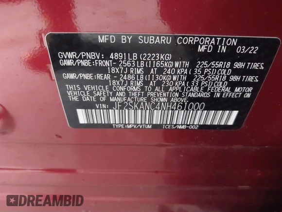 2022 Subaru Forester Limited z VIN JF2SKANC4NH461000, wystawiony jako IAAI lot #41903656 z przebiegiem 40 667 mil mil oraz . Historia ofert i sprzedaży dostępna na DreamBid. Obrazek 9.