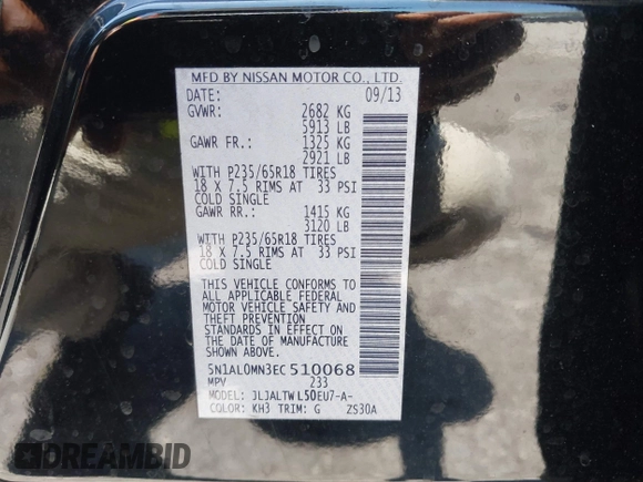 2014 Infiniti QX60 with VIN 5N1AL0MN3EC510068, listed as a IAAI auction lot 42278934 with 148,767 mi miles and . Bid and sale history available at DreamBid. Image 9.