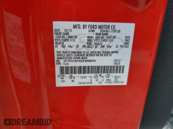 2013 Ford F-150 XL with VIN 1FTFX1EF6DFB58970, listed as a Copart auction lot 57905585 with 171,055 mi miles and Salvage title. Bid and sale history available at DreamBid. Image 13.