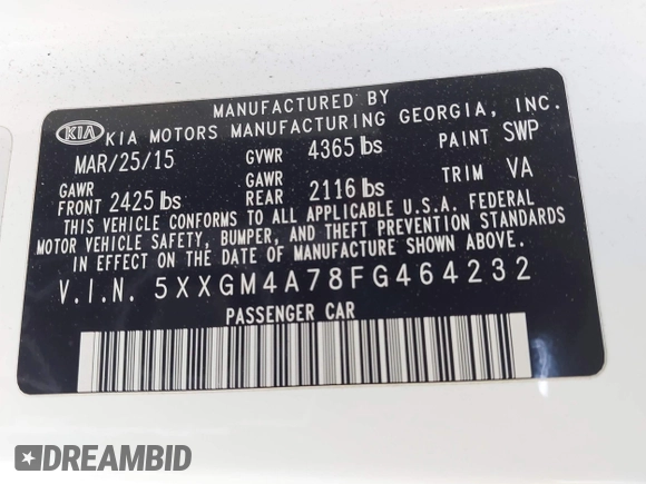 2015 Kia Optima LX with VIN 5XXGM4A78FG464232, listed as a IAAI auction lot 42097937 with Not Provided miles and . Bid and sale history available at DreamBid. Image 9.