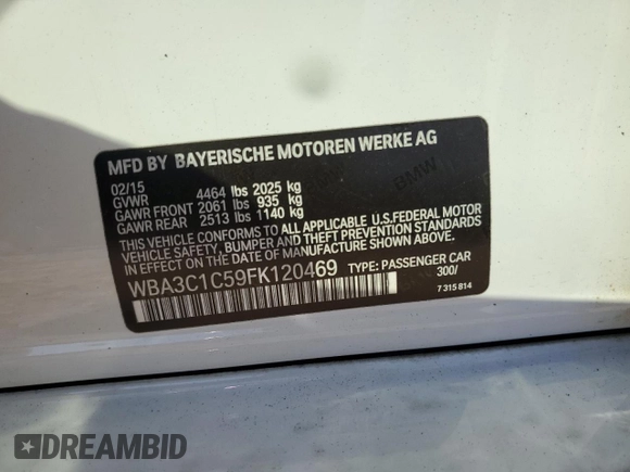 2015 BMW 3 Series 328i with VIN WBA3C1C59FK120469, listed as a Copart auction lot 46492435 with 114,970 mi miles and Salvage Title. Bid and sale history available at carsss.com. Image 14.