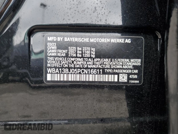 2023 BMW 5 Series 530i xDrive with VIN WBA13BJ05PCN16611, listed as a Copart auction lot 52170075 with Not Provided miles and Salvage Title. Bid and sale history available at DreamBid. Image 13.