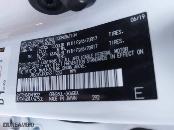 2019 Toyota 4Runner SR5 with VIN JTEZU5JR0K5211223, listed as a IAAI auction lot 41173044 with 49,904 mi miles. Bid and sale history available at carsss.com. Image 9.