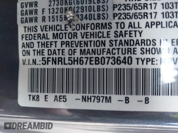 2014 Honda Odyssey EX-L with VIN 5FNRL5H67EB073640, listed as a IAAI auction lot 41115124 with 99,841 mi miles and . Bid and sale history available at carsss.com. Image 9.