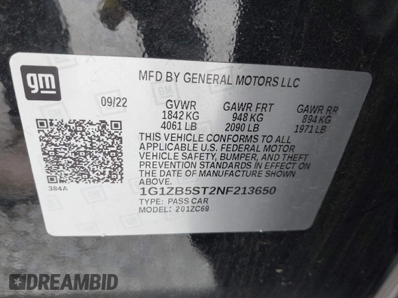 2022 Chevrolet Malibu LS with VIN 1G1ZB5ST2NF213650, listed as a IAAI auction lot 42137021 with 36,489 mi miles and . Bid and sale history available at DreamBid. Image 9.