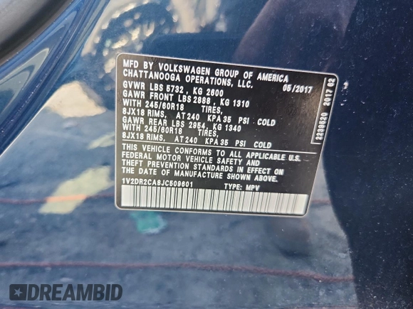 2018 Volkswagen Atlas SE with VIN 1V2DR2CA8JC509601, listed as a Copart auction lot 63747935 with 176,406 mi miles and Salvage title. Bid and sale history available at DreamBid. Image 14.