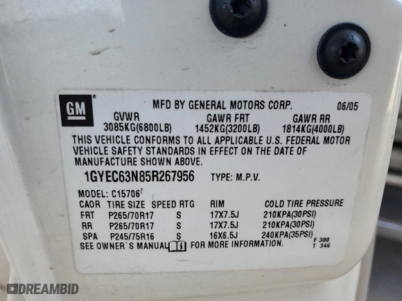 2005 Cadillac Escalade with VIN 1GYEC63N85R267956, listed as a Copart auction lot 46245185 with 85,946 mi miles and Salvage Title. Bid and sale history available at carsss.com. Image 14.