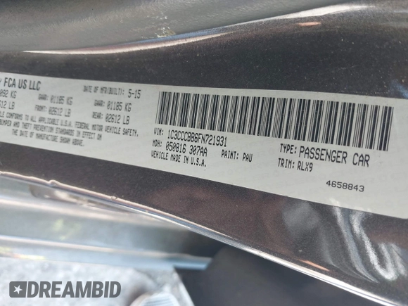 2015 Chrysler 200 S with VIN 1C3CCCBB6FN721931, listed as a IAAI auction lot 42400501 with 153,678 mi miles and . Bid and sale history available at DreamBid. Image 9.