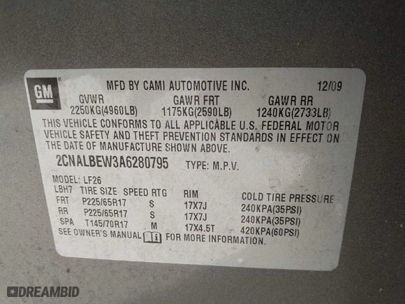 2010 Chevrolet Equinox LS with VIN 2CNALBEW3A6280795, listed as a IAAI auction lot 41934073 with 98,733 mi miles. Bid and sale history available at carsss.com. Image 9.