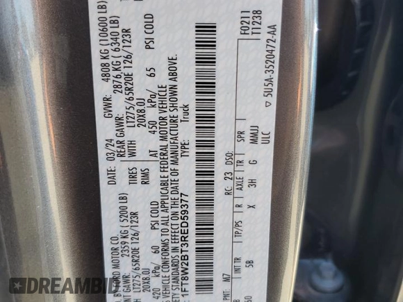 2024 Ford Super Duty F-250 SRW XL with VIN 1FT8W2BT3RED59377, listed as a Copart auction lot 71638304 with 17,580 mi miles and Salvage Title. Bid and sale history available at carsss.com. Image 15.