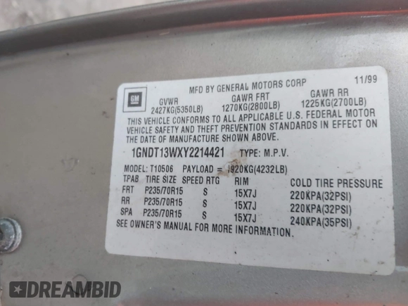 2000 Chevrolet Blazer LT z VIN 1GNDT13WXY2214421, wystawiony jako IAAI lot #41525220 z przebiegiem Nie podano mil oraz . Historia ofert i sprzedaży dostępna na DreamBid. Obrazek 9.
