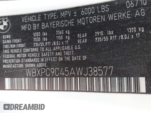 2010 BMW X3 xDrive30i with VIN WBXPC9C45AWJ38577, listed as a IAAI auction lot 42124223 with 217,075 mi miles. Bid and sale history available at carsss.com. Image 9.