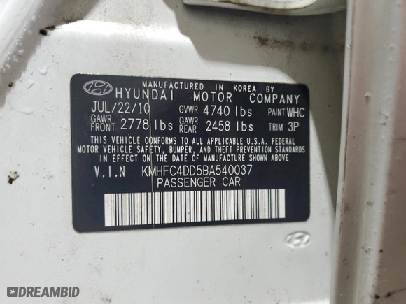 2011 Hyundai Azera GLS with VIN KMHFC4DD5BA540037, listed as a Copart auction lot 49043925 with 94,638 mi miles and Salvage Title. Bid and sale history available at carsss.com. Image 12.