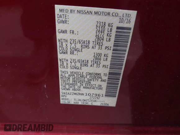 2017 Nissan Murano S with VIN 5N1AZ2MG9HN107961, listed as a IAAI auction lot 41838283 with 51,455 mi miles and . Bid and sale history available at carsss.com. Image 9.