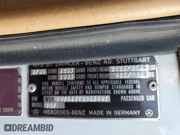1980 Mercedes-Benz SL with VIN 10704412065197, listed as a Copart auction lot 61442025 with Not provided miles and Clean title. Bid and sale history available at DreamBid. Image 12.