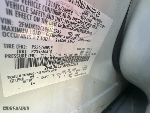 2009 Ford Flex SEL with VIN 2FMDK52C69BA03265, listed as a Copart auction lot 49319495 with 262,079 mi miles and Clean Title. Bid and sale history available at carsss.com. Image 10.