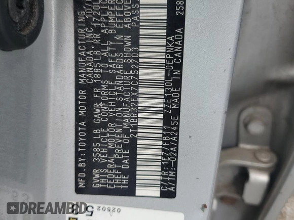 2007 Toyota Corolla CE with VIN 2T1BR32EX7C752703, listed as a Copart auction lot 63668065 with 185,261 mi miles and Salvage title. Bid and sale history available at DreamBid. Image 12.