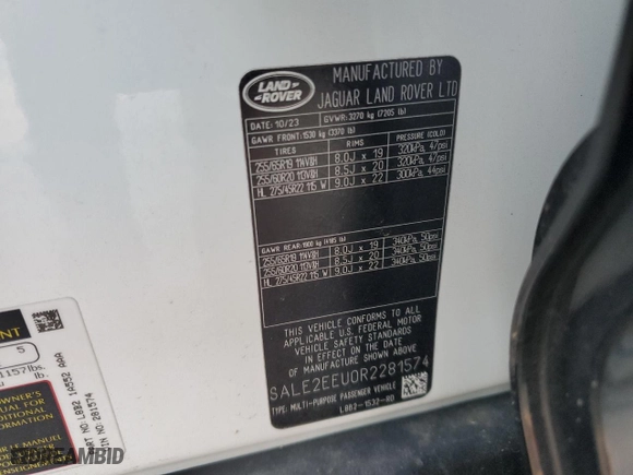 2024 Land Rover Defender X-Dynamic SE with VIN SALE2EEU0R2281574, listed as a Copart auction lot 64271554 with 8,097 mi miles and Salvage Title. Bid and sale history available at carsss.com. Image 13.