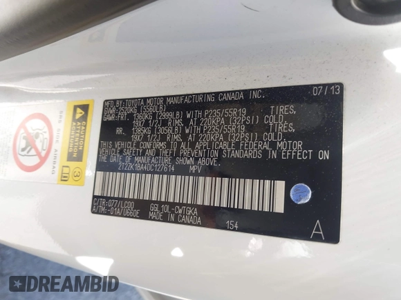 2013 Lexus RX 350 with VIN 2T2ZK1BA4DC127614, listed as a IAAI auction lot 42537154 with Not provided miles and . Bid and sale history available at DreamBid. Image 9.
