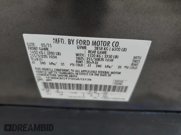 2016 Ford Explorer Sport с VIN 1FM5K8GT7GGA12139, выставлен на аукционе Copart как лот 57679035 с пробегом 138 726 миль миль и Списание • Salvage title. История ставок и продаж доступна на DreamBid. Изображение 14.