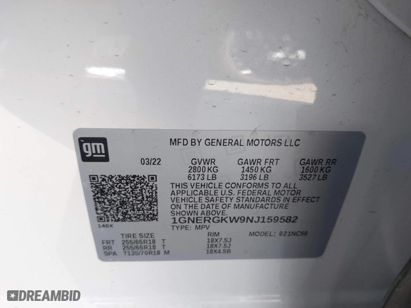 2022 Chevrolet Traverse LT Cloth with VIN 1GNERGKW9NJ159582, listed as a IAAI auction lot 41510198 with 38,074 mi miles. Bid and sale history available at carsss.com. Image 9.