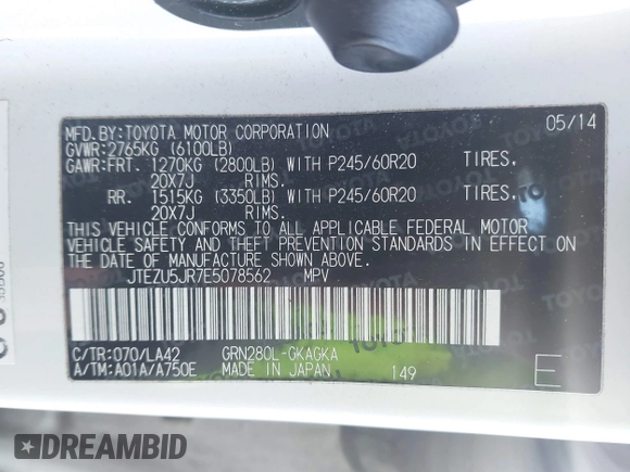 2014 Toyota 4Runner SR5 with VIN JTEZU5JR7E5078562, listed as a IAAI auction lot 41633470 with 274,757 mi miles and . Bid and sale history available at DreamBid. Image 9.