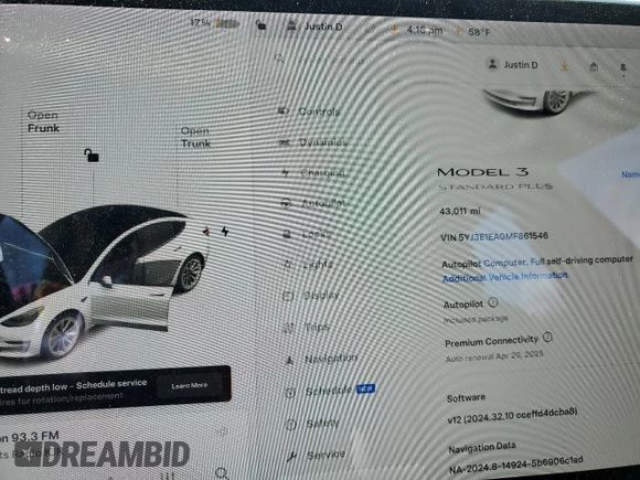 2021 Tesla Model 3 Standard Range Plus with VIN 5YJ3E1EA0MF861546, listed as a Copart auction lot 51014875 with 43,011 mi miles and Salvage Title. Bid and sale history available at DreamBid. Image 9.
