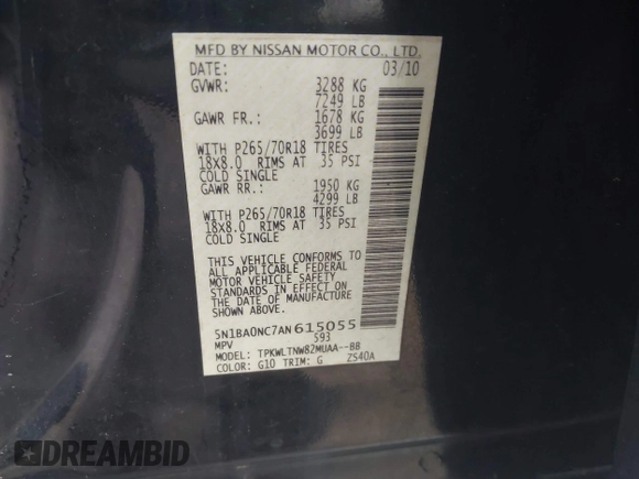 2010 Nissan Armada SE z VIN 5N1BA0NC7AN615055, wystawiony jako IAAI lot #42108459 z przebiegiem 301 246 mil mil oraz . Historia ofert i sprzedaży dostępna na DreamBid. Obrazek 9.