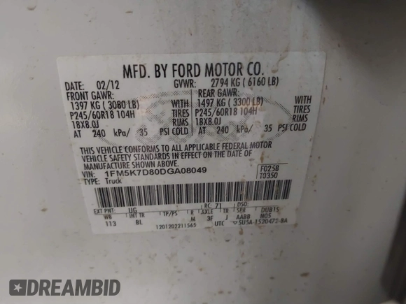 2013 Ford Explorer XLT with VIN 1FM5K7D80DGA08049, listed as a IAAI auction lot 41890490 with 156,810 mi miles and . Bid and sale history available at DreamBid. Image 9.