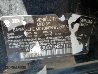 2014 BMW 3 Series 320i xDrive with VIN WBA3C3G57ENS71376, listed as a Copart auction lot 60874995 with Not provided miles and Salvage title. Bid and sale history available at DreamBid. Image 12.