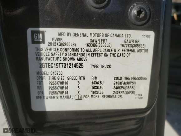 2003 GMC Sierra 1500 SLT with VIN 2GTEC19T731214525, listed as a Copart auction lot 65977044 with 174,796 mi miles and Non Repairable. Bid and sale history available at carsss.com. Image 12.