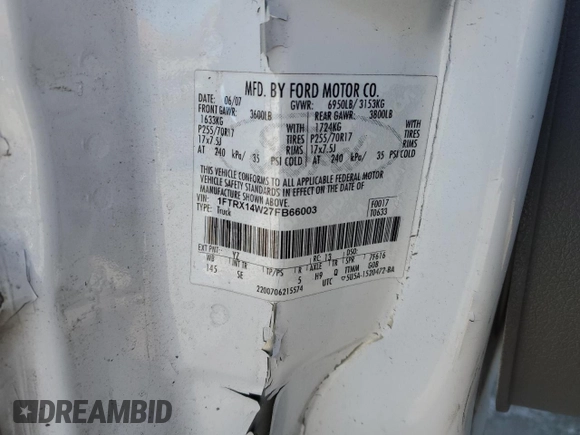 2007 Ford F-150 STX with VIN 1FTRX14W27FB66003, listed as a Copart auction lot 42563555 with 255,302 mi miles and Salvage Title. Bid and sale history available at carsss.com. Image 14.