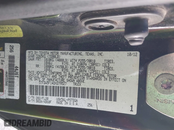 2013 Toyota Tundra 4WD Truck with VIN 5TFDW5F14DX279527, listed as a IAAI auction lot 41594899 with 212,973 mi miles. Bid and sale history available at carsss.com. Image 9.