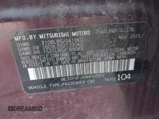 2022 Mitsubishi Mirage ES с VIN ML32FUFJ5NHF02502, выставлен на аукционе IAAI как лот 41584949 с пробегом 79 745 миль миль и . История ставок и продаж доступна на DreamBid. Изображение 9.