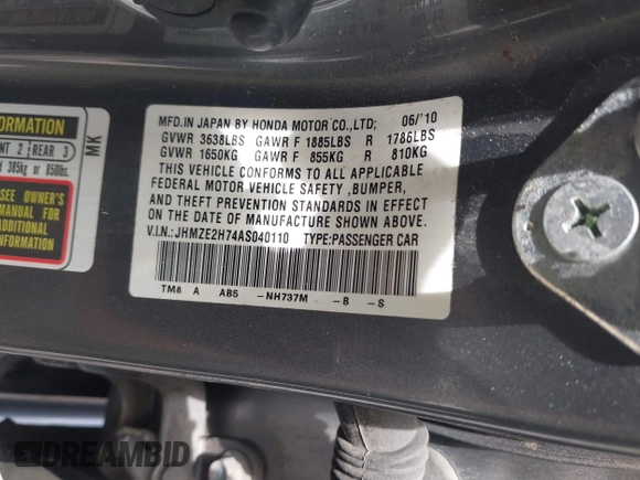 2010 Honda Insight EX with VIN JHMZE2H74AS040110, listed as a IAAI auction lot 42643669 with 189,531 mi miles and . Bid and sale history available at DreamBid. Image 9.