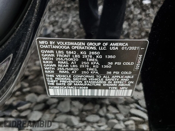 2021 Volkswagen Atlas SEL with VIN 1V2BE2CA7MC213069, listed as a Copart auction lot 55888815 with 45,712 mi miles and Salvage title. Bid and sale history available at DreamBid. Image 13.