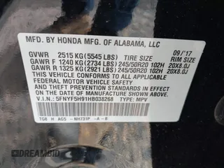 2017 Honda Pilot Touring with VIN 5FNYF5H91HB038268, listed as a IAAI auction lot 42786448 with 62,195 mi miles and . Bid and sale history available at DreamBid. Image 9.