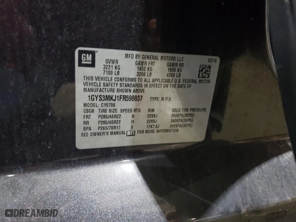 2015 Cadillac Escalade Luxury with VIN 1GYS3MKJ1FR598837, listed as a Copart auction lot 81235574 with 113,883 mi miles and Salvage Title. Bid and sale history available at carsss.com. Image 13.